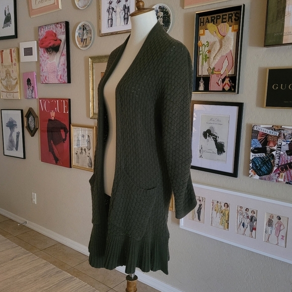 Anthropologie Guinevere Army‎ Green Knitted Ruffle Hem Midi Cardigan - Picture 4 of 6
